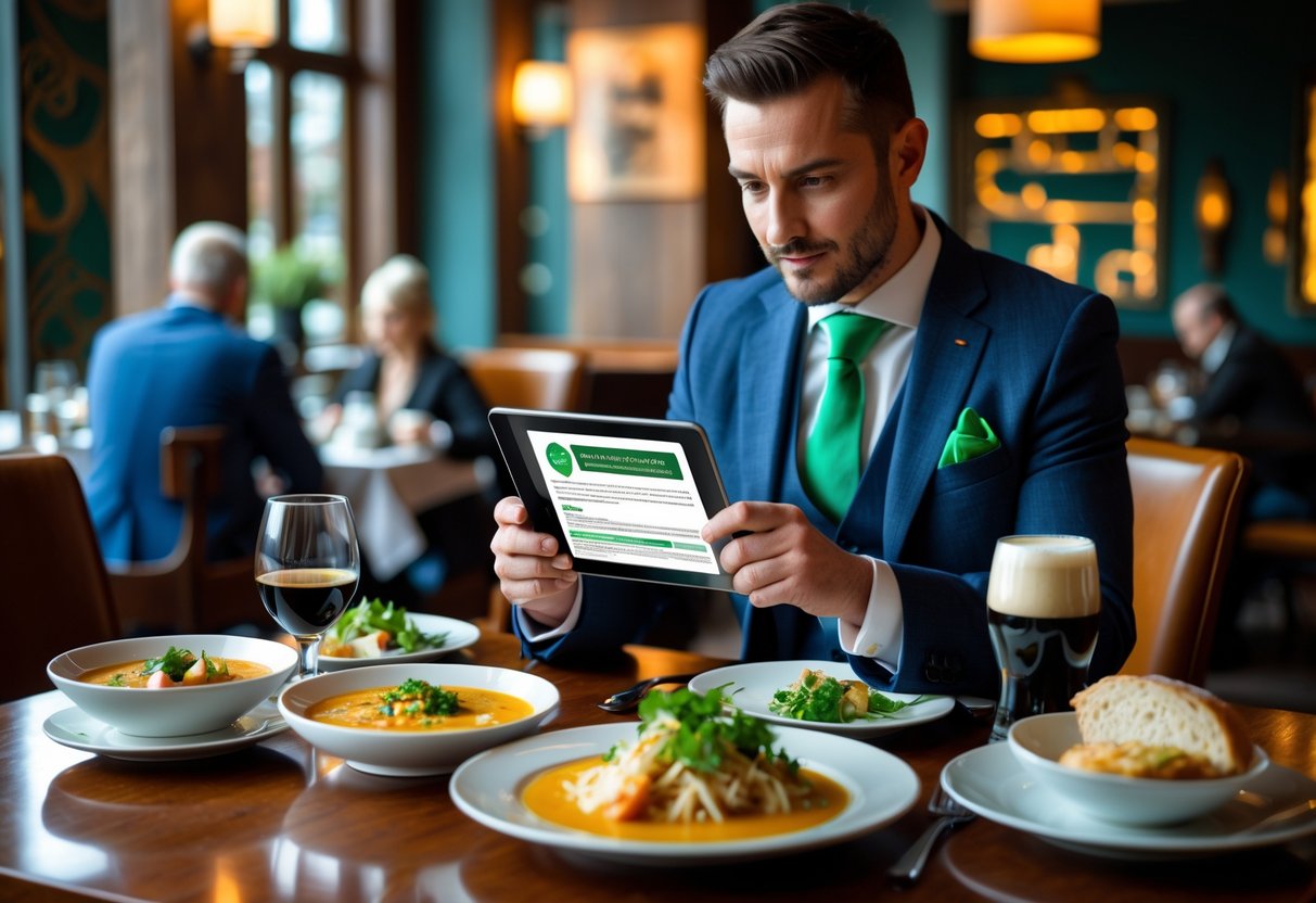 A person reading a restaurant review on a tablet at a table with Irish dishes in a cozy restaurant.