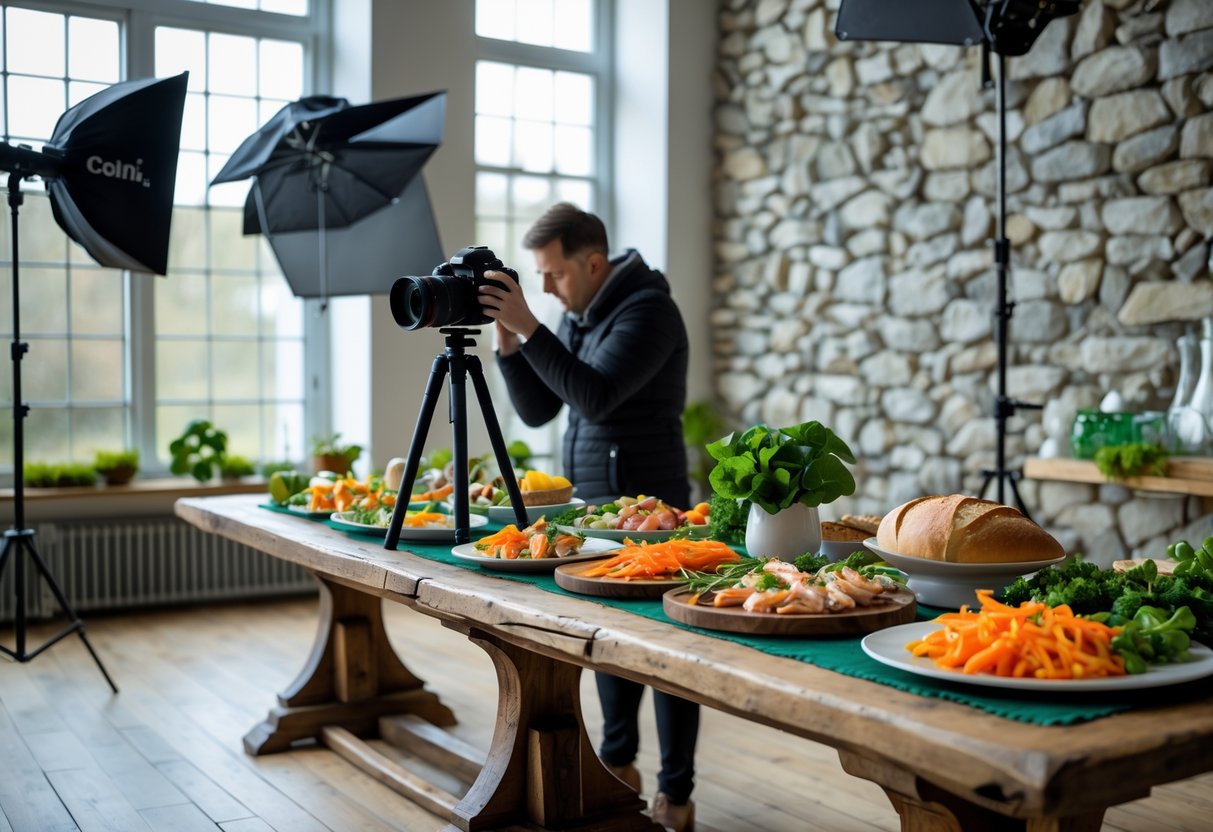 A photographer adjusting a camera on a tripod in a bright studio with a wooden table displaying various Irish dishes and photography lighting equipment.
