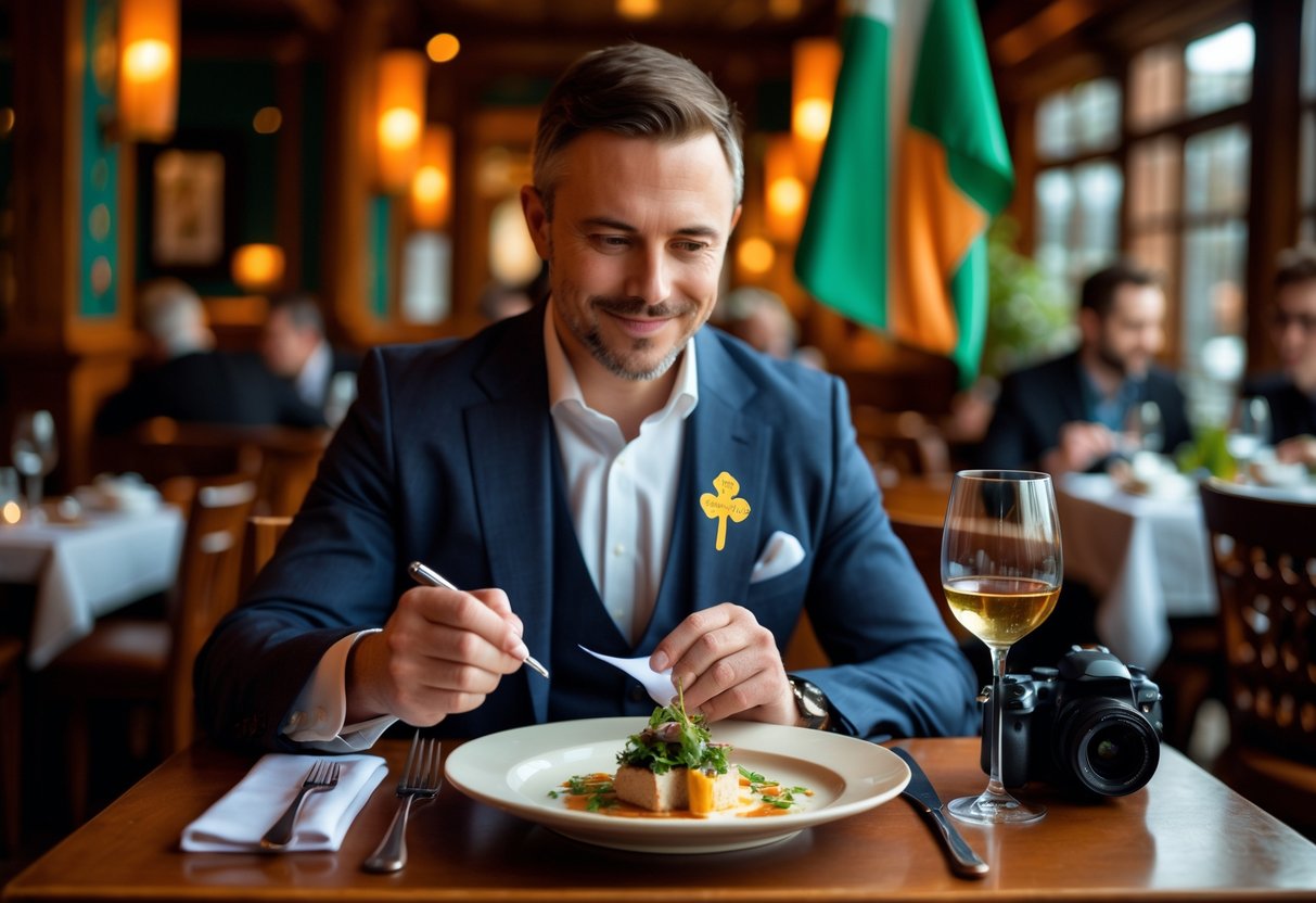 A food critic tasting a gourmet dish and taking notes at a table in an elegant Irish restaurant.