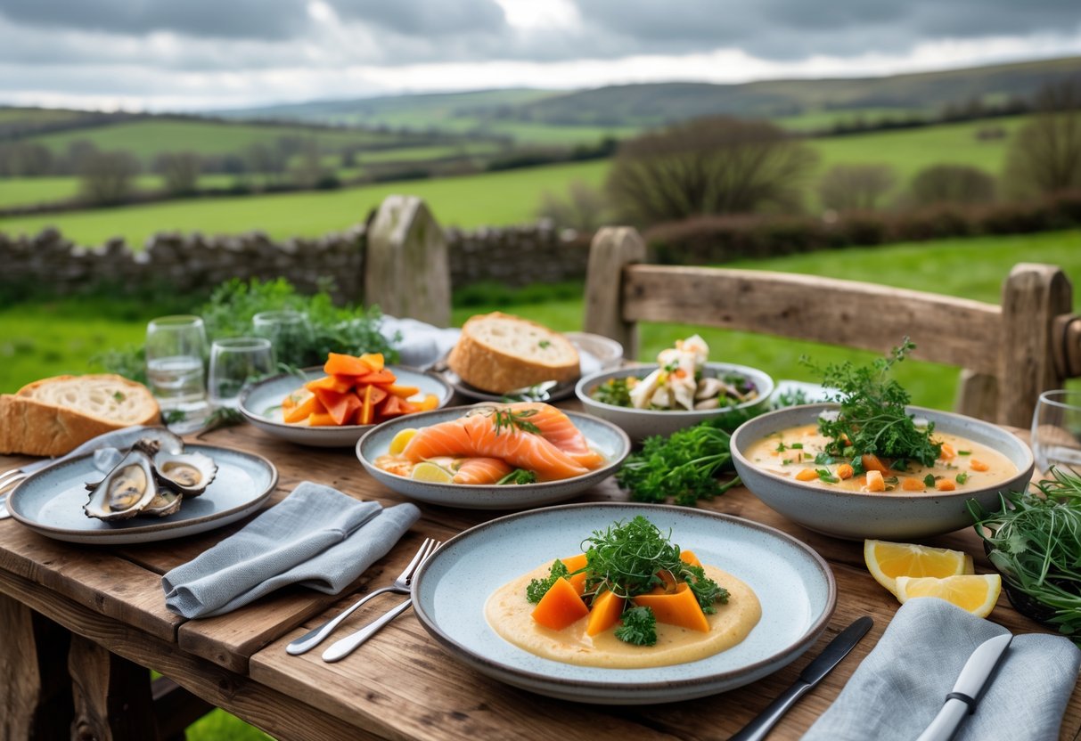 A table outdoors with various Irish dishes including seafood, vegetables, and bread, set against a green countryside background.