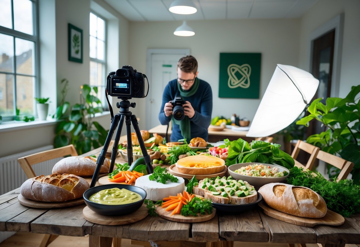 A photographer adjusting a camera on a tripod aimed at a rustic wooden table with fresh Irish foods in a bright studio.