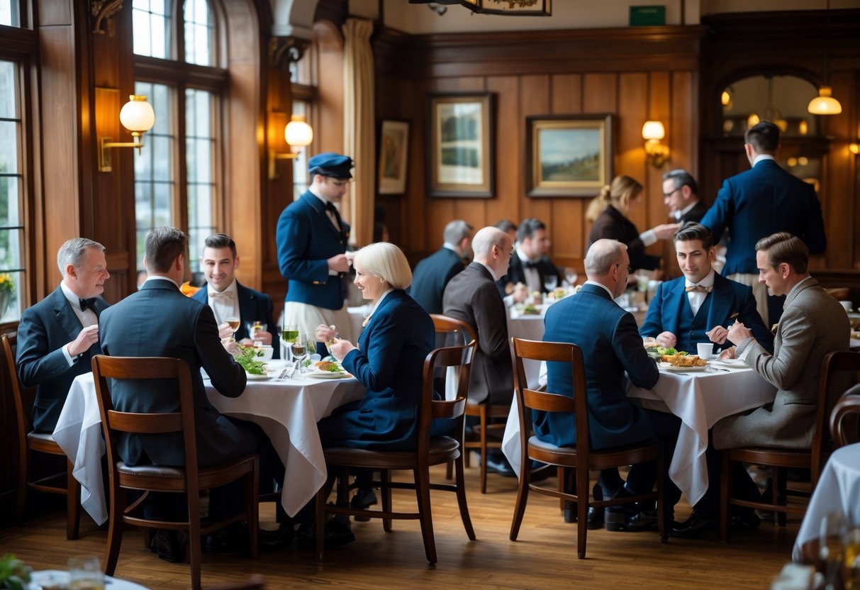 A historic Dublin restaurant interior with people dining at tables and waitstaff serving food.