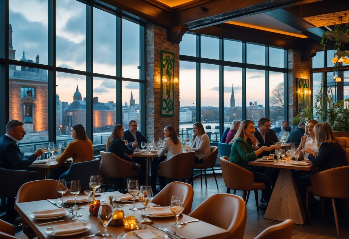 A lively modern restaurant in Dublin with people dining and large windows showing the city outside.