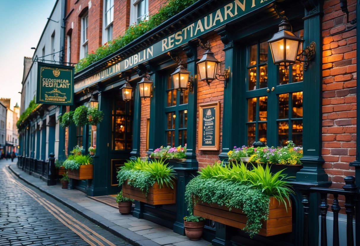 Historic Dublin restaurant exterior with red brick walls, wooden windows, flower boxes, and cobblestone street.