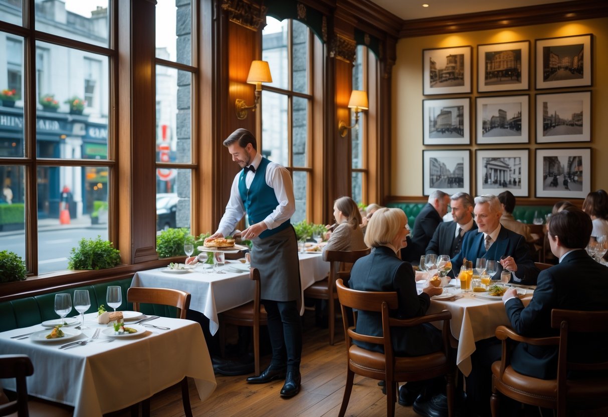 Inside a classic Dublin restaurant with wooden tables and white tablecloths, a waiter serves diners enjoying traditional Irish dishes, with vintage photos on the walls and city buildings visible through the windows.