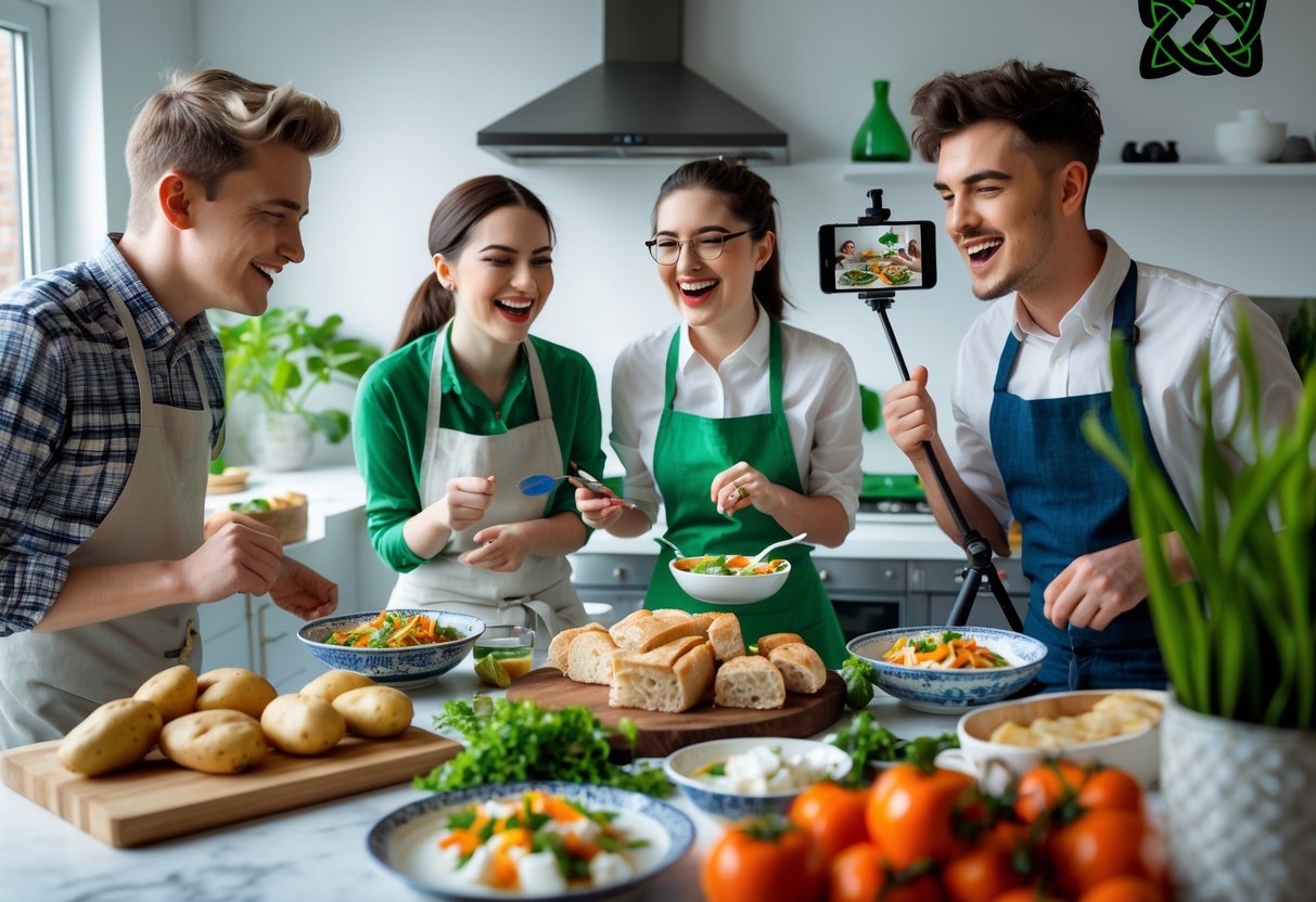 A group of young adults cooking and filming Irish dishes together in a bright kitchen.