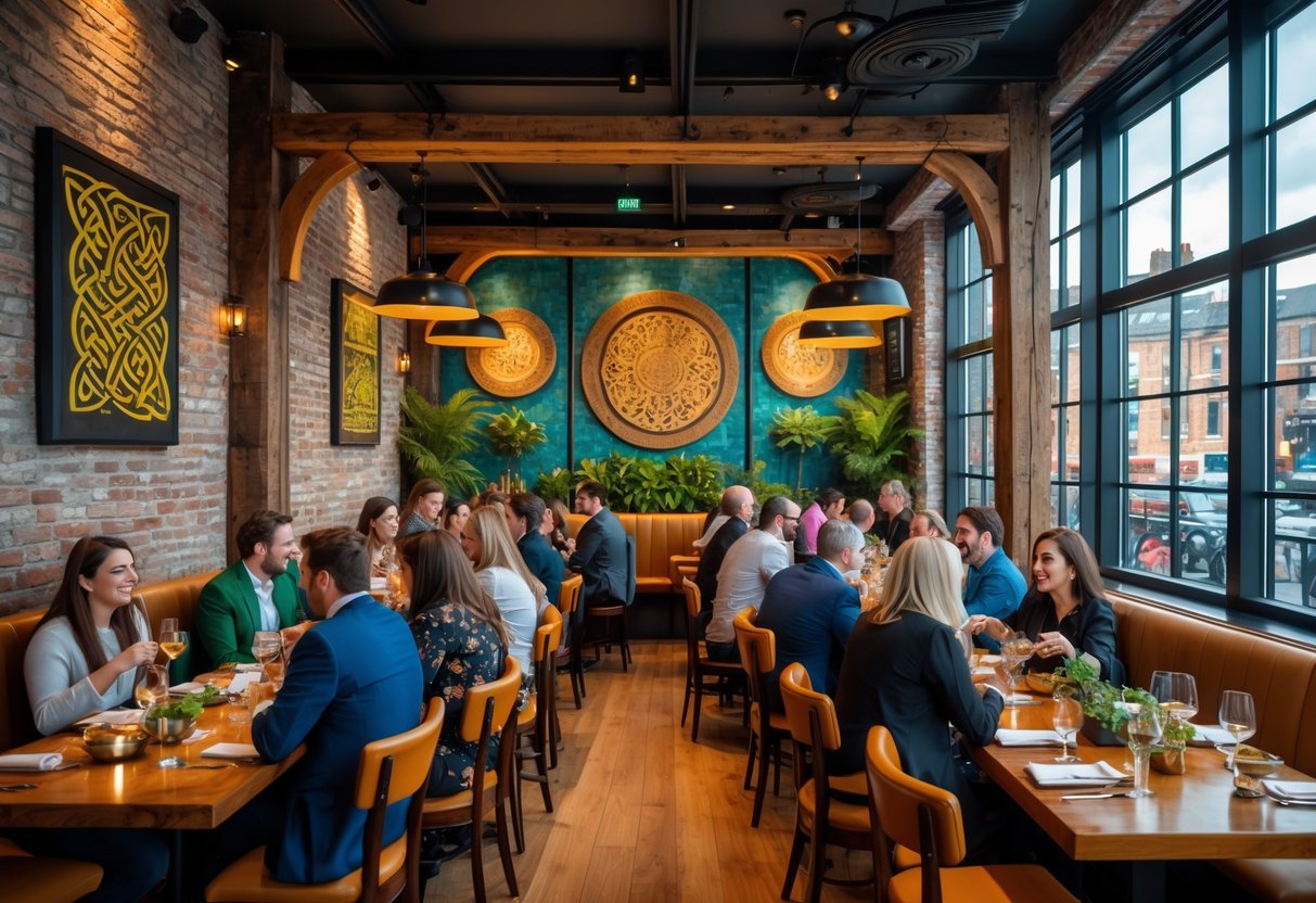 People dining together inside a Dublin restaurant with a mix of traditional Irish and modern international decor.
