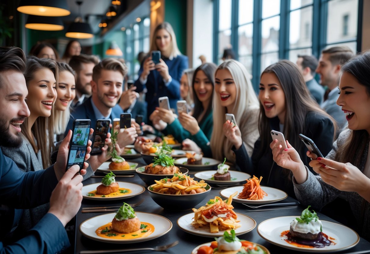 A busy modern Irish restaurant with young people enjoying and photographing trendy dishes inspired by TikTok food trends.