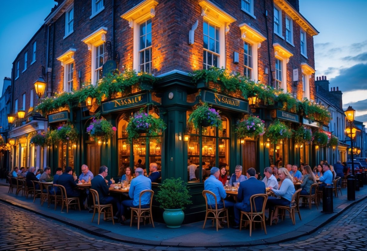 A lively street scene showing a historic restaurant on Nassau Street in Dublin with outdoor seating and people dining in the early evening.