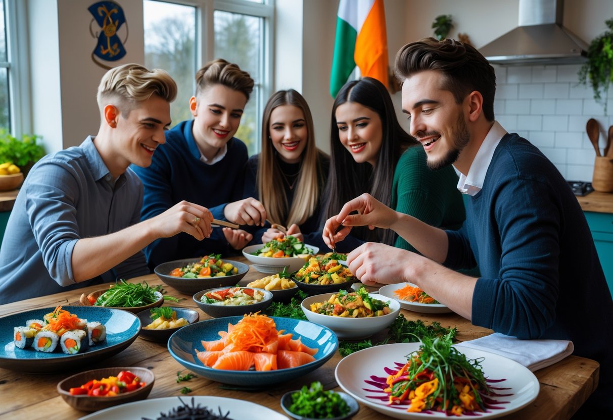 A group of young people in a kitchen enjoying colorful fusion dishes combining Irish and international flavors.