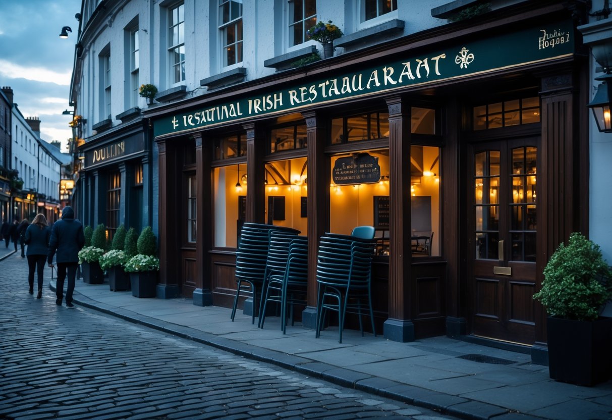 The exterior of a closed traditional Irish restaurant on a cobblestone street in Dublin with chairs stacked inside and pedestrians walking by.