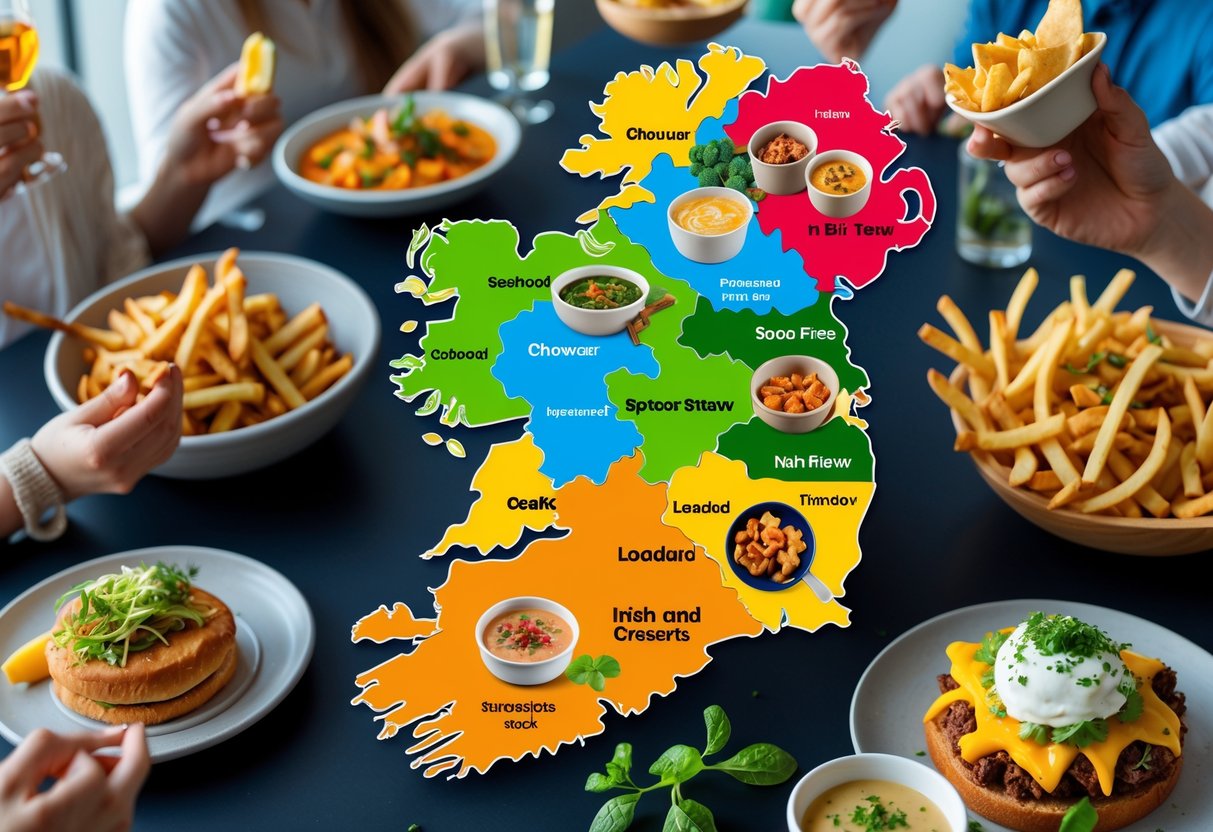 Map of Ireland showing different regions with popular local foods and people enjoying various dishes.