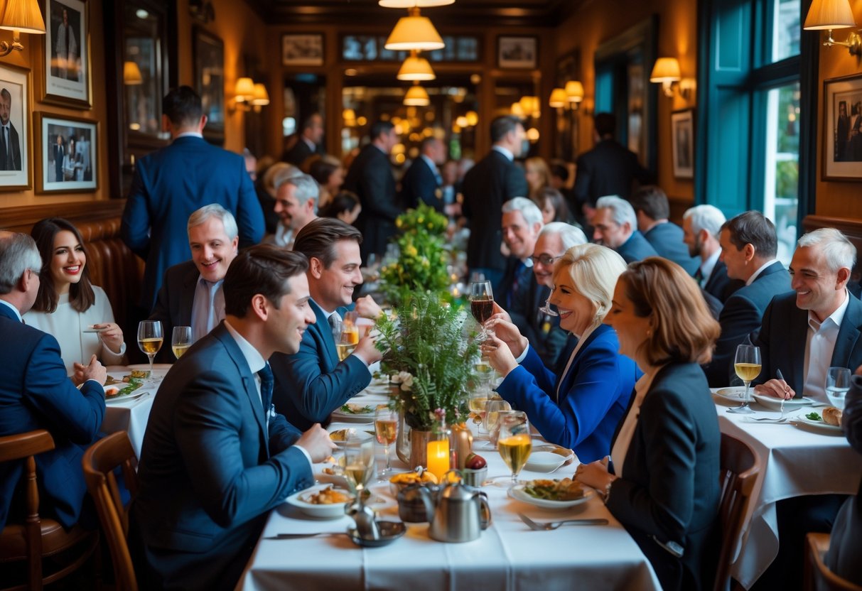 A busy Dublin restaurant with people dining and talking, featuring warm wooden decor and vintage photographs on the walls.