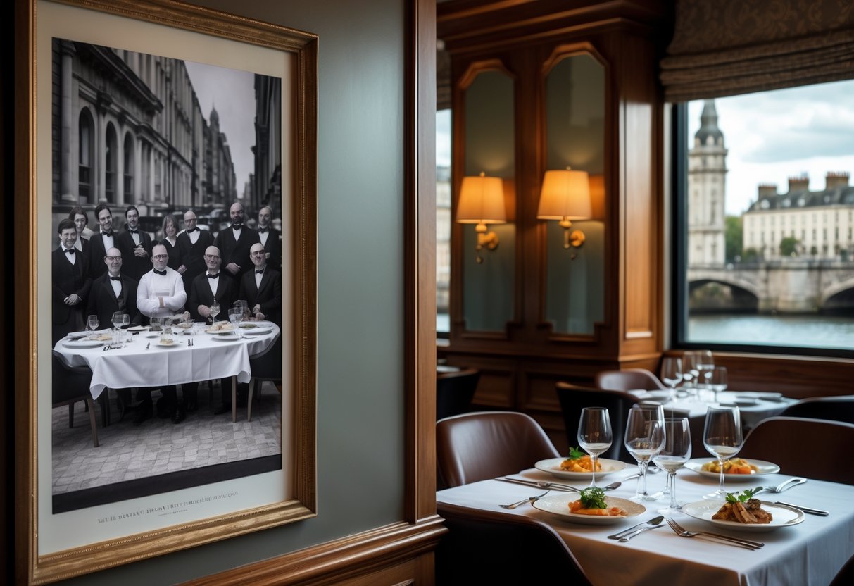 Interior of a Dublin restaurant showing a vintage dining scene in a framed photo next to a modern elegant dining table with fine plated dishes and city buildings visible through windows.