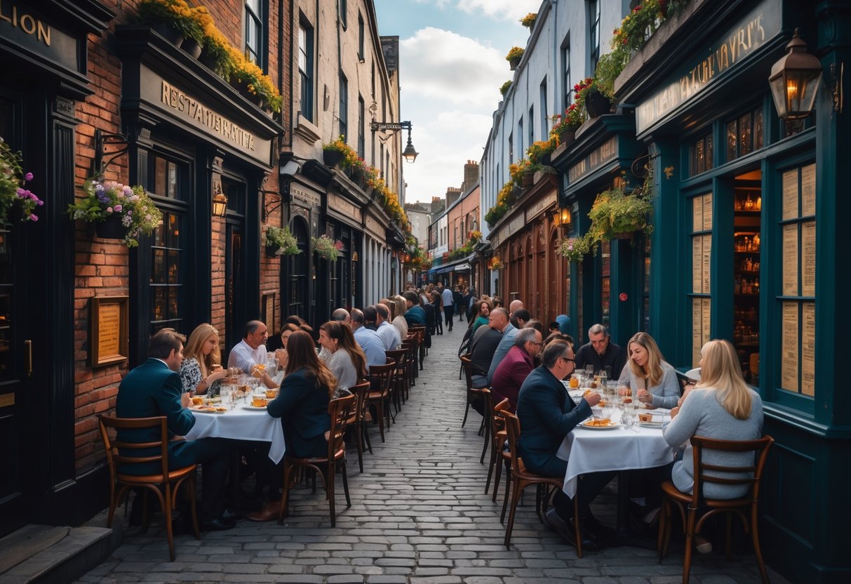 A lively Dublin street with historic restaurants and people dining outdoors, featuring traditional architecture and subtle literary elements.