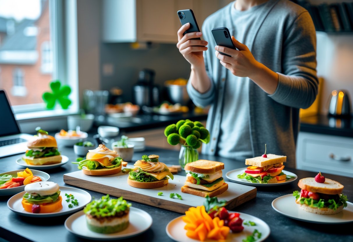 A young person in a kitchen holding a smartphone with trendy Irish food dishes arranged on the counter.