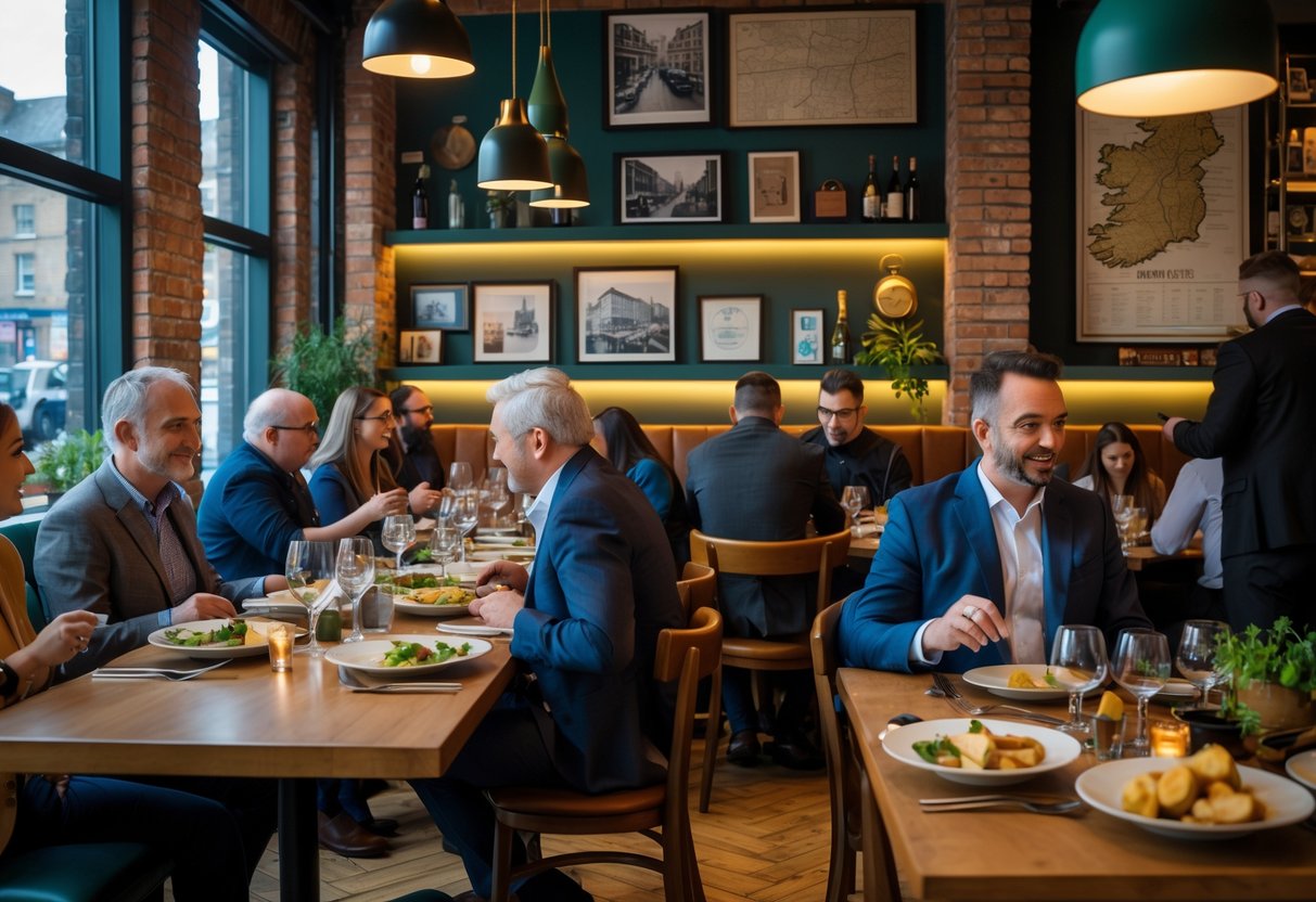 A busy Dublin restaurant interior with people dining and modern Irish decor including wooden furniture and exposed brick walls.