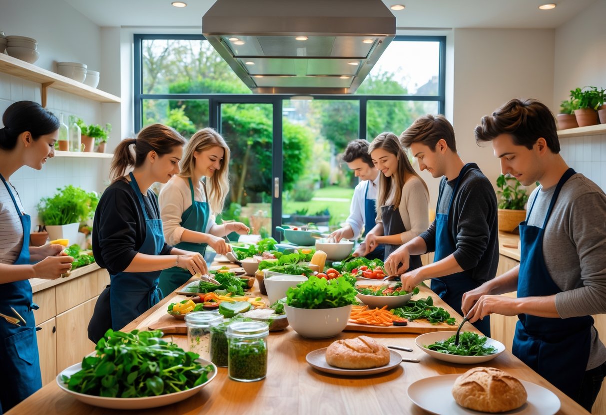 A group of young adults preparing fresh meals in a bright kitchen using local Irish ingredients with natural light and a garden visible outside.