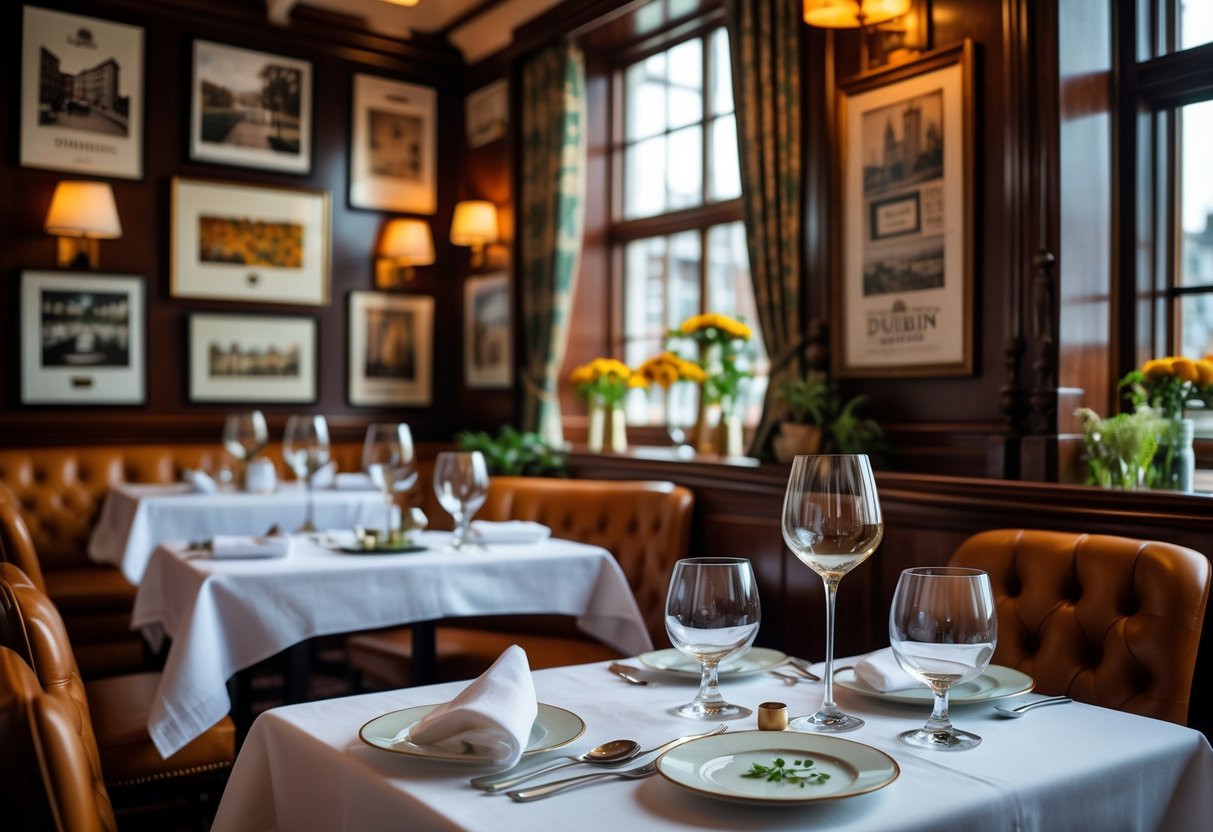 Interior of a Dublin restaurant with wooden furniture, traditional Irish decor, and historical photographs on the walls.