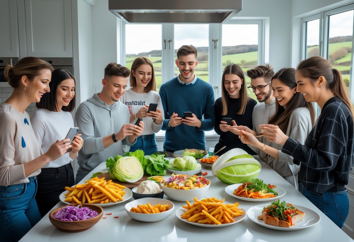 A group of young adults cooking and enjoying trendy Irish dishes together in a bright kitchen.