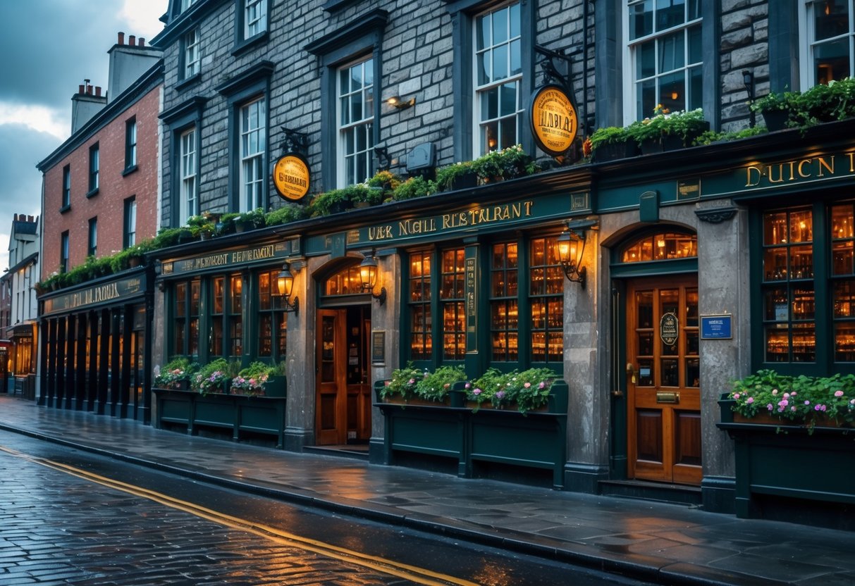 Exterior view of an old historic pub in Dublin with stone walls and wooden doors on a cobblestone street.