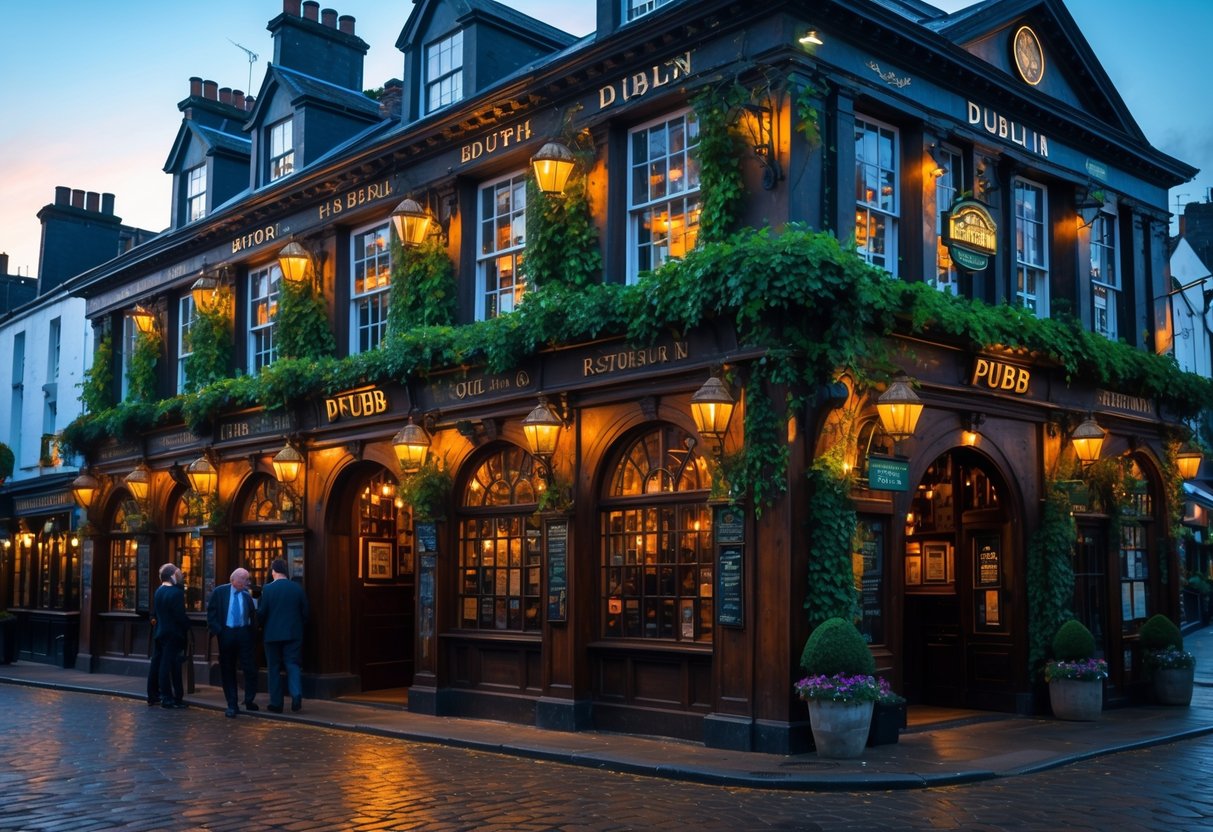 Exterior of a historic old Dublin pub with wooden beams, stained glass windows, and warm lights glowing in the evening, with people gathered outside on cobblestone streets.