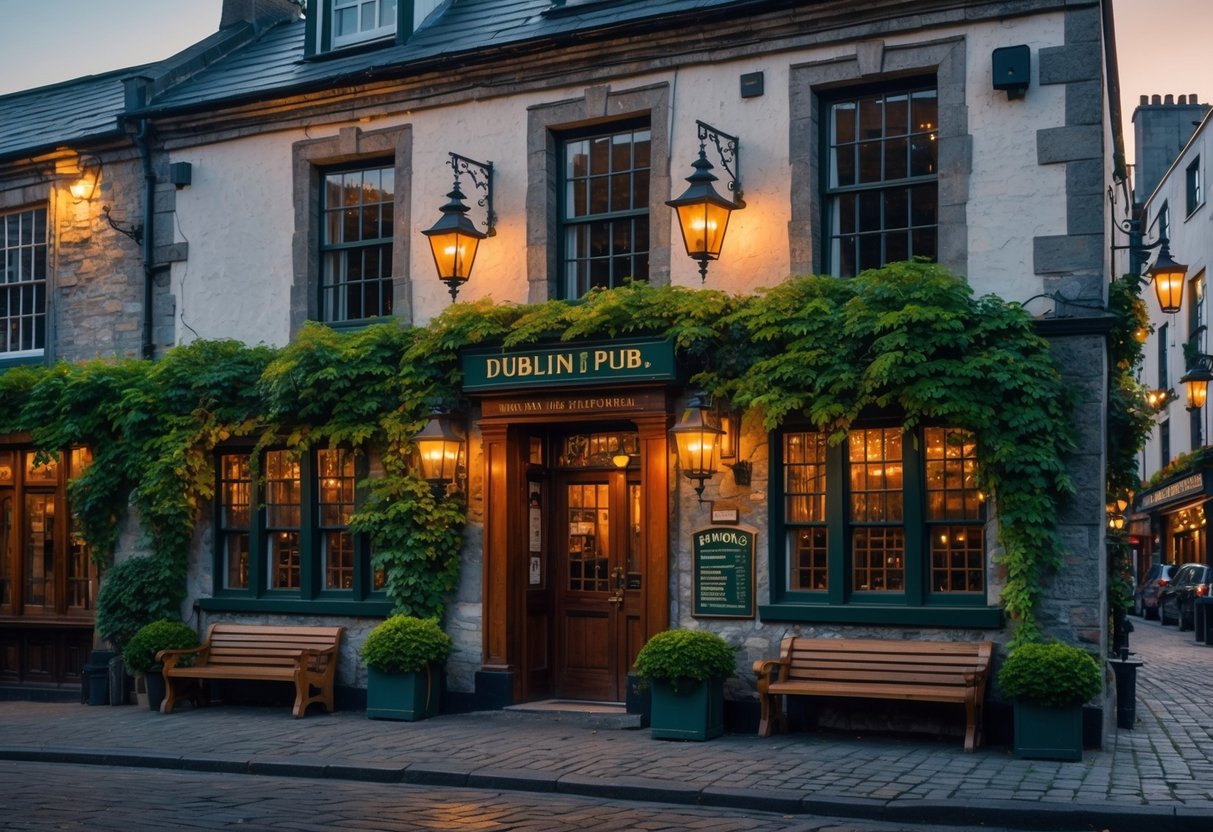 Exterior view of a historic Dublin pub with stone walls, wooden windows, and a cobblestone street in front.