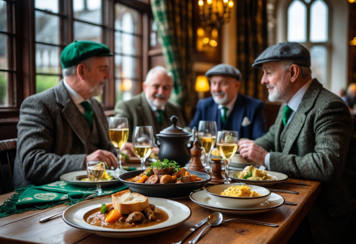 Interior of a historic Dublin restaurant with classic Irish dishes on a wooden table and men enjoying a meal together.