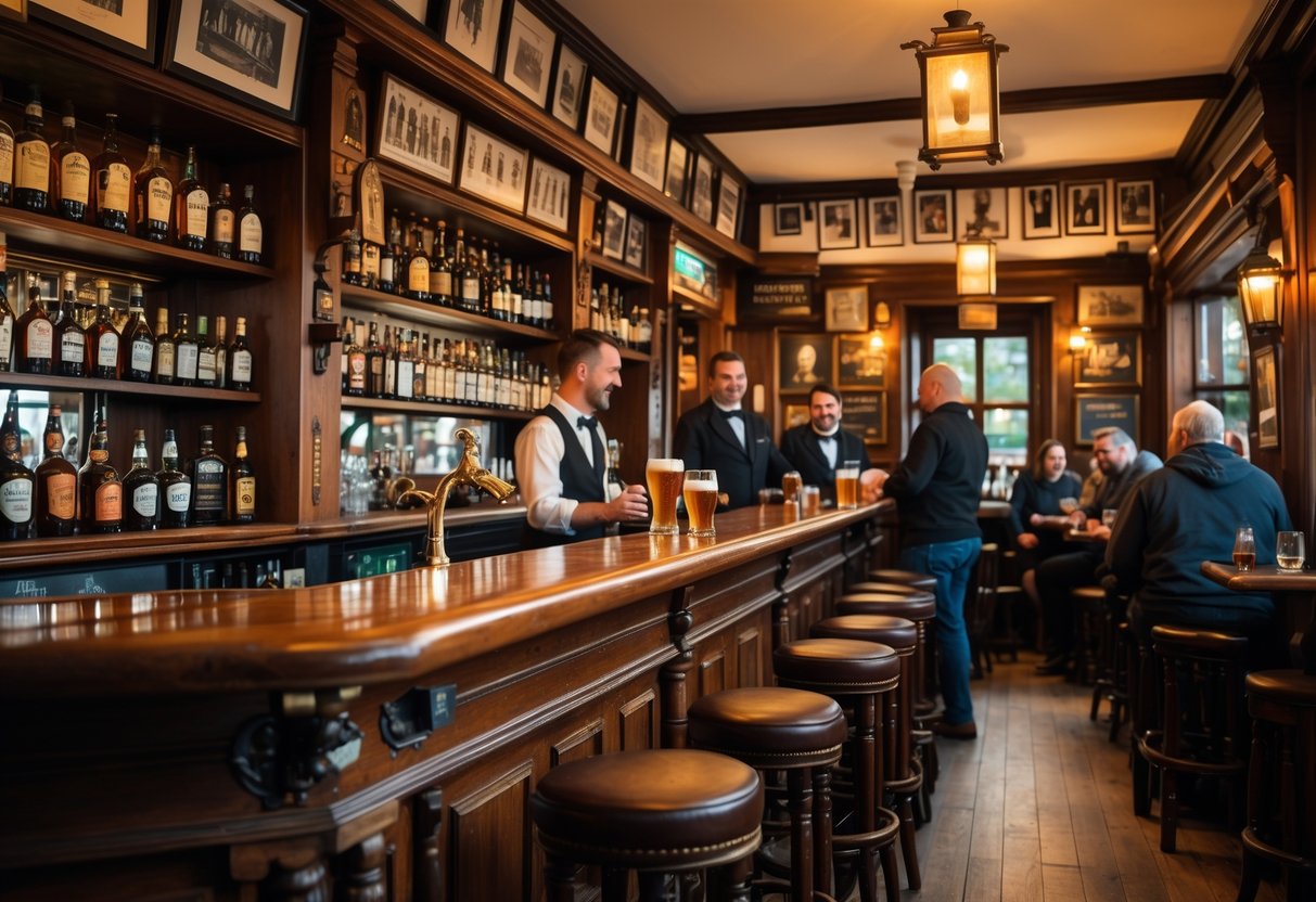 Interior of a historic Dublin pub with wooden furnishings, a bartender serving drinks, and patrons enjoying their time.