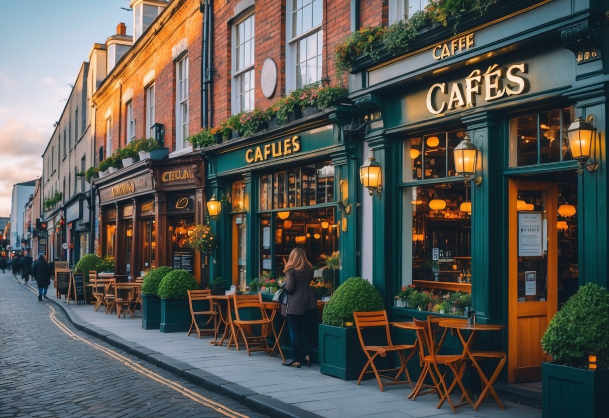 Street view of historic cafes with brick buildings and outdoor seating in Dublin&rsquo;s Liberties district, with people walking nearby.