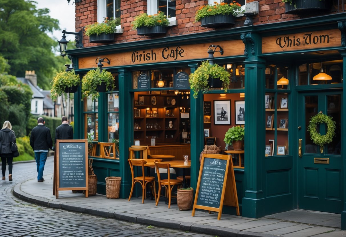 Exterior view of a traditional Irish cafe with wooden facade, flower baskets, and cobblestone street in a historic town.