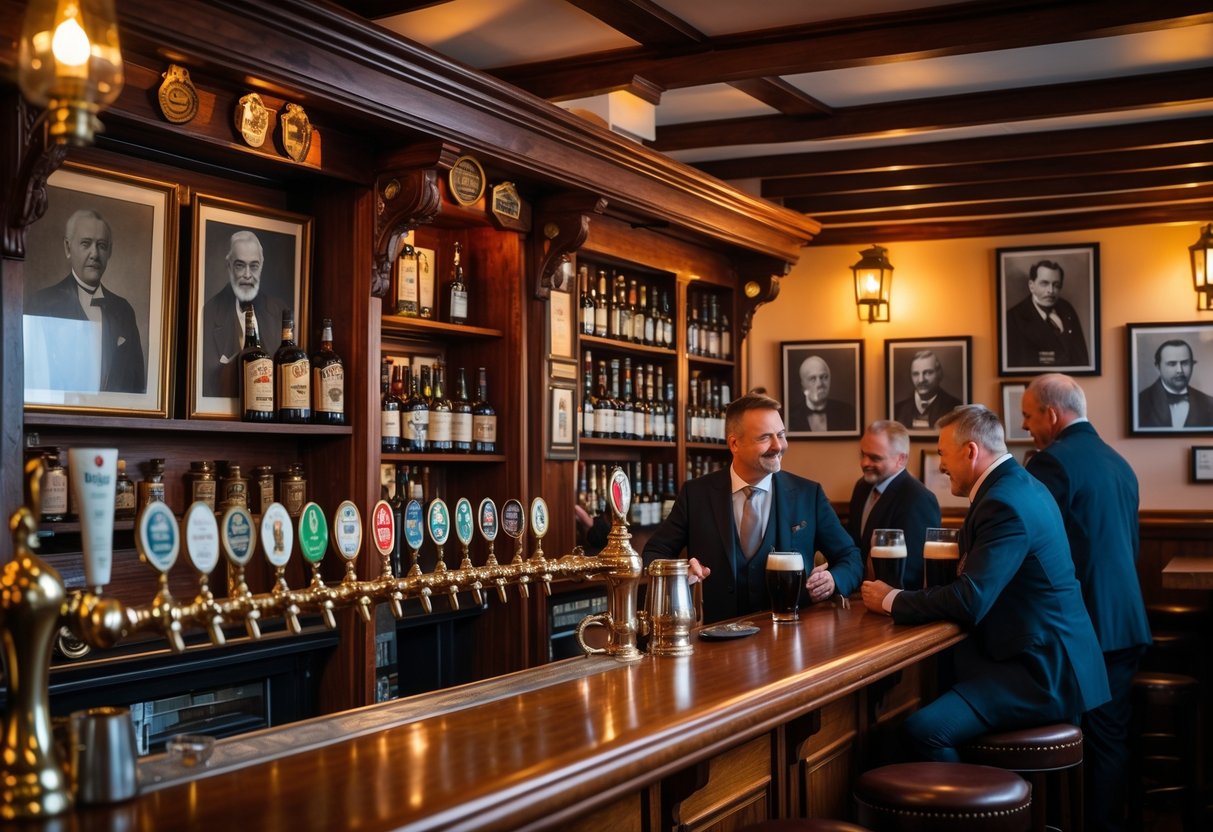 Interior of a traditional Dublin pub with wooden beams, a polished bar, whiskey bottles, framed historical photographs, and people enjoying drinks.