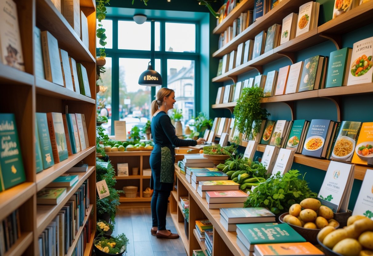 Interior of a cozy Dublin bookstore with shelves of Irish cookbooks and a shopkeeper helping a customer.