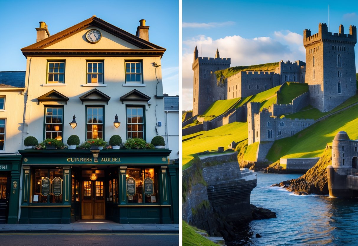 Exterior of Dublin&rsquo;s oldest restaurant next to images of famous Irish landmarks like the Cliffs of Moher and Dublin Castle.