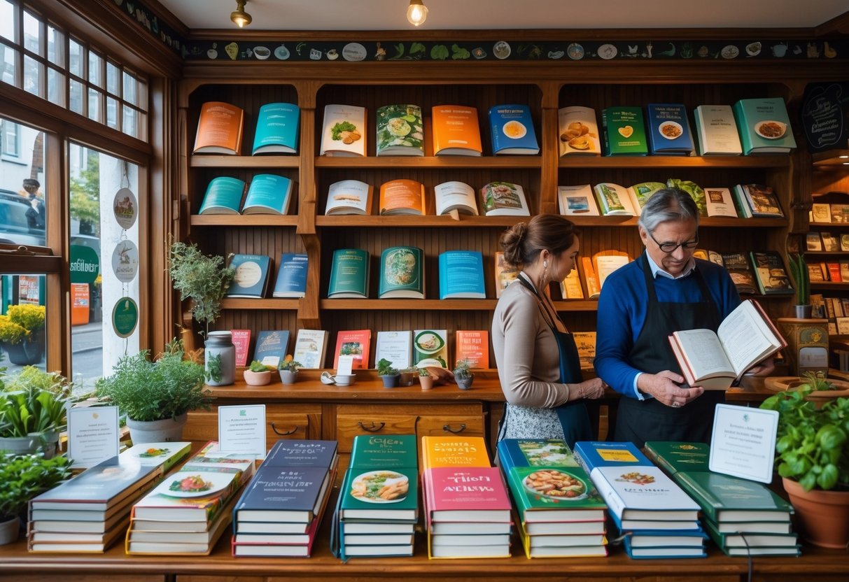 Inside a cozy Dublin cookbook shop with shelves of colorful cookbooks, a shopkeeper helping a customer, and a person reading at a small table surrounded by kitchen decor and natural light.