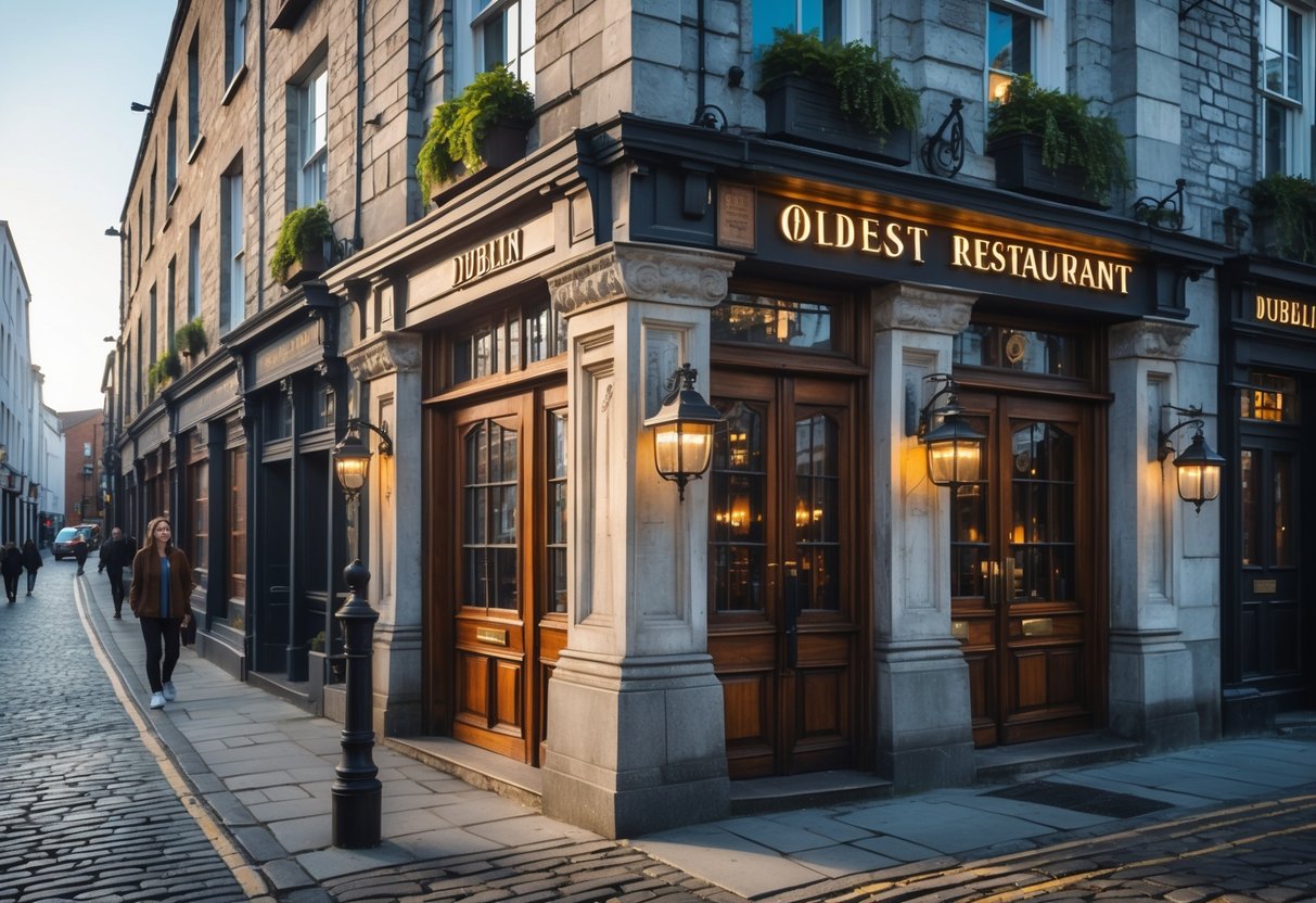 Exterior view of the oldest restaurant in Dublin showing historic stone architecture with modern lighting and a cobblestone street.