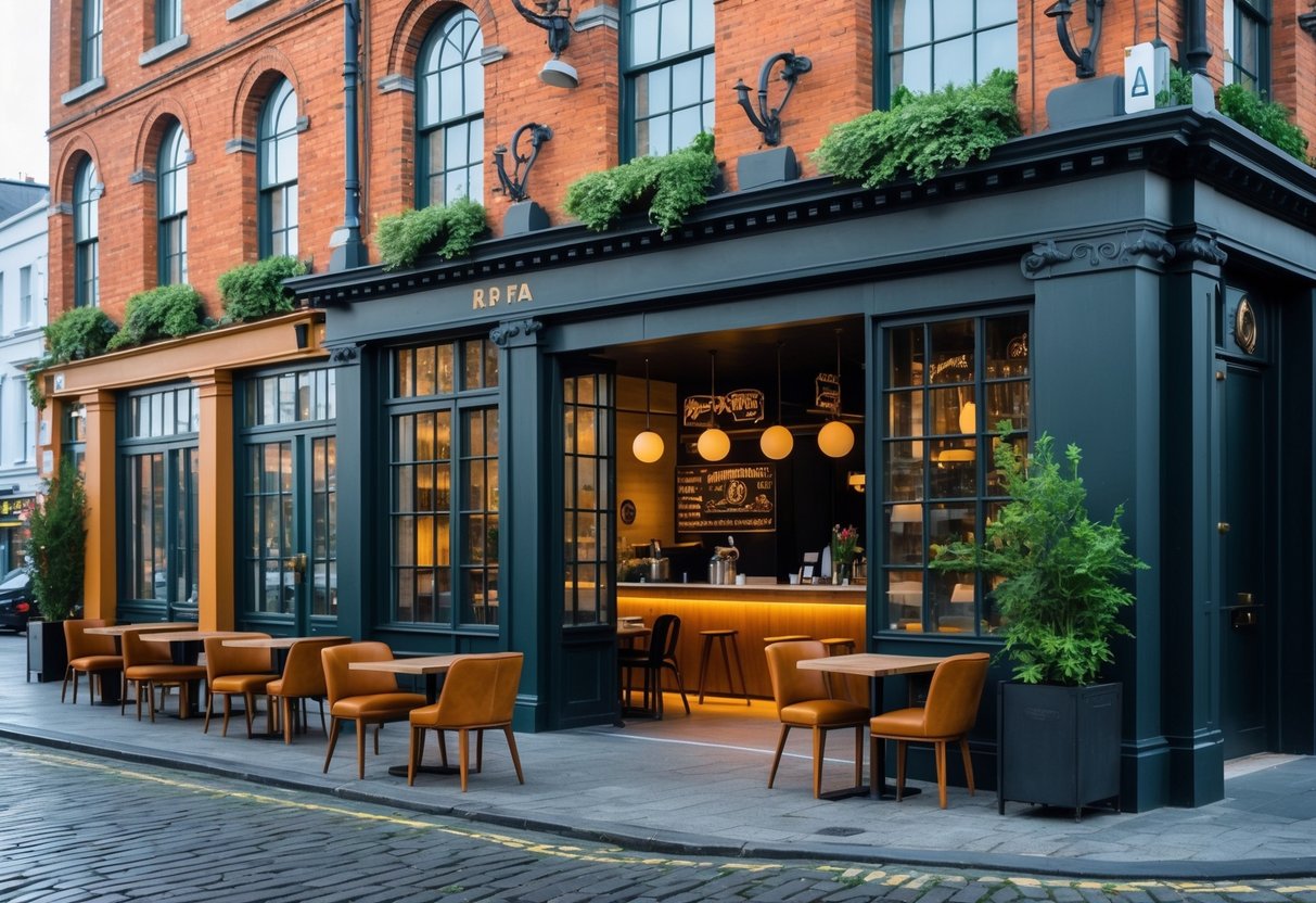 A modern cafe inside a historic brick building with large windows, wooden tables, and people enjoying coffee.
