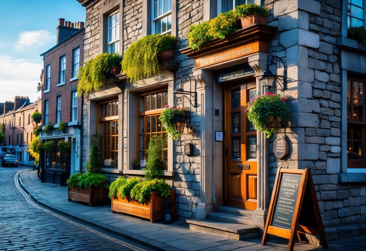 Historic stone building of the oldest restaurant in Dublin with wooden door, windows, flower baskets, and cobblestone street under a clear sky.