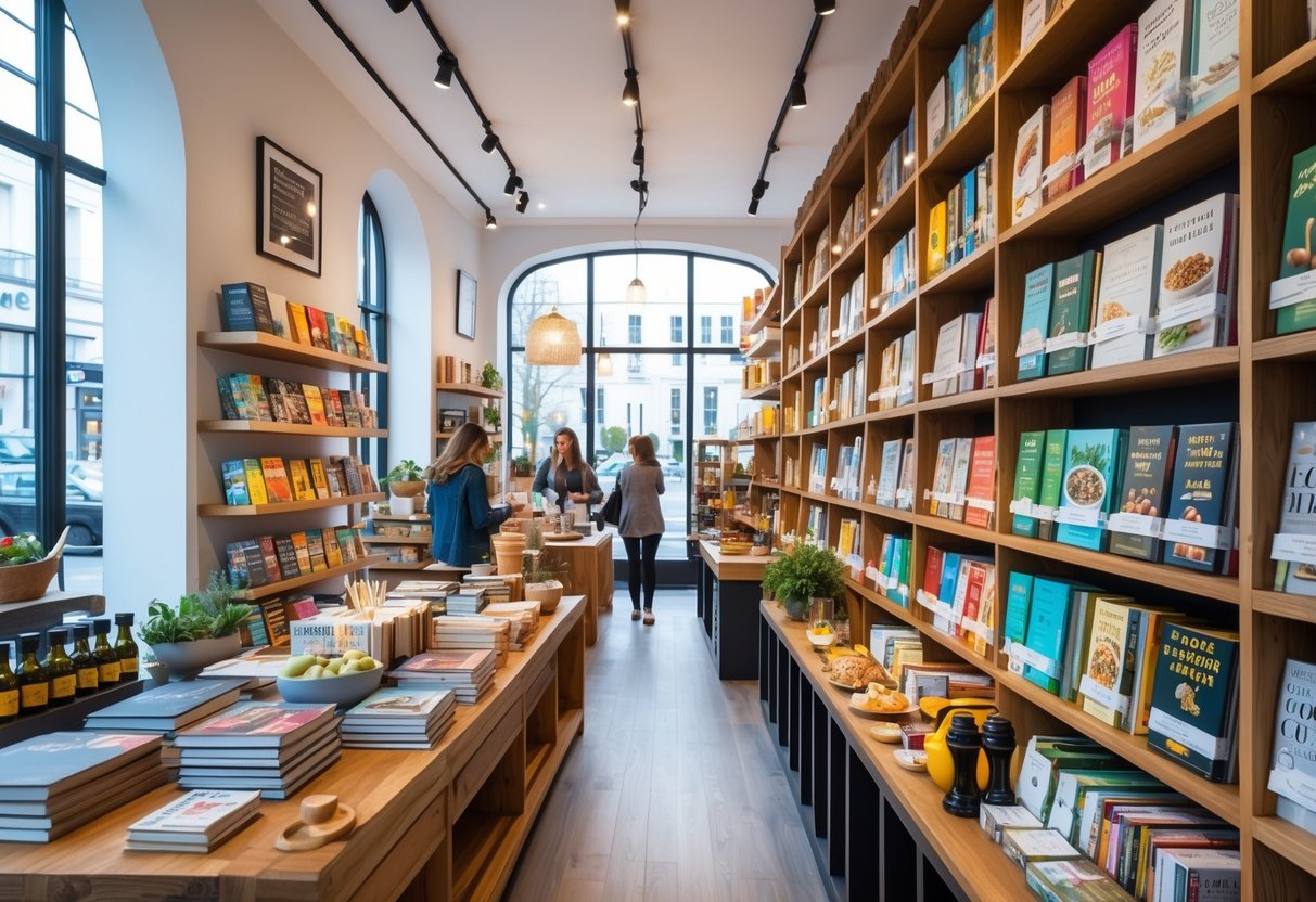 Interior of a cookbook shop with shelves of cookbooks and displays of gourmet food items, with customers browsing.