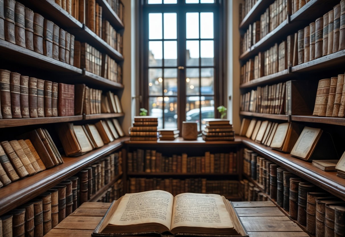 Interior of a Dublin cookbook shop with wooden shelves filled with rare and antique culinary books and an open vintage cookbook on a wooden table.