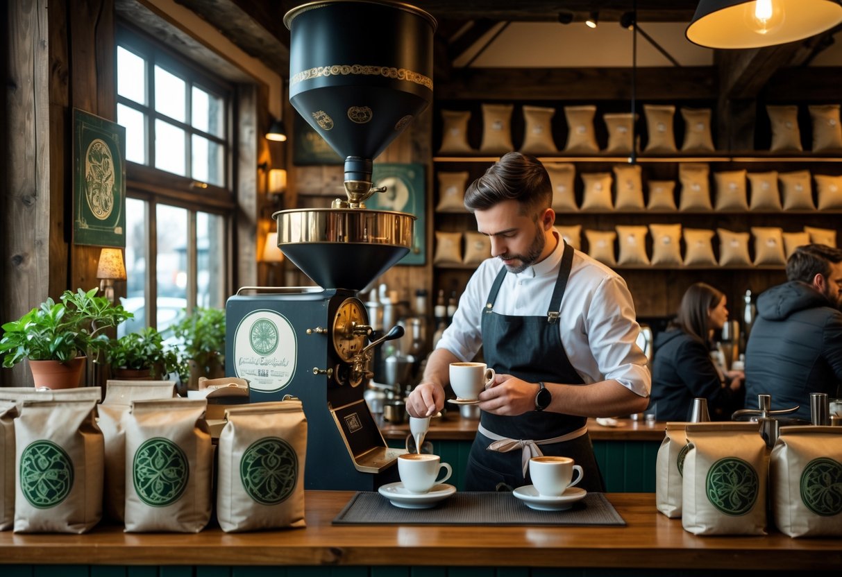 Interior of a historic Irish caf&eacute; with a barista preparing coffee amid vintage roasting equipment and wooden d&eacute;cor.