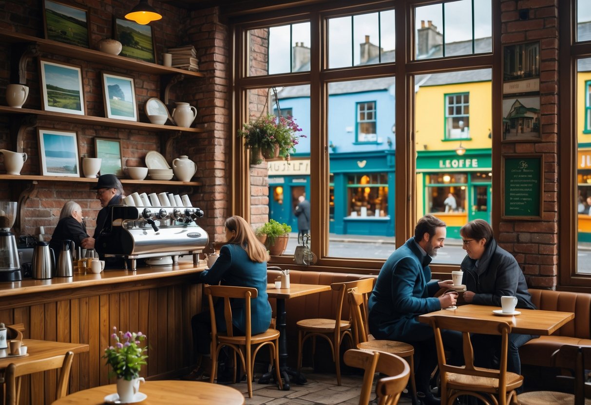 Interior of a cozy historic Irish cafe with wooden furniture, a barista making coffee, and patrons enjoying drinks near large windows showing a quaint street outside.