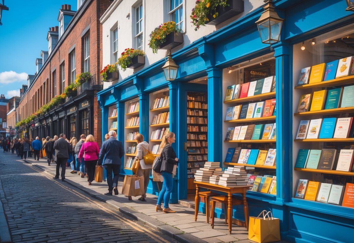 A lively Dublin street with colorful bookshops and people browsing books outside on a sunny day.