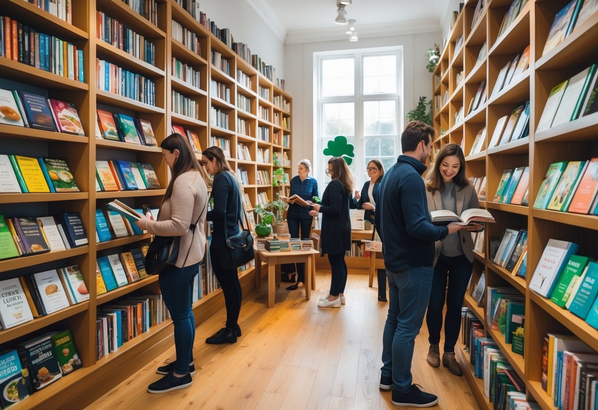 Inside a cookbook store in Dublin with people browsing shelves filled with cookbooks and cozy reading areas.