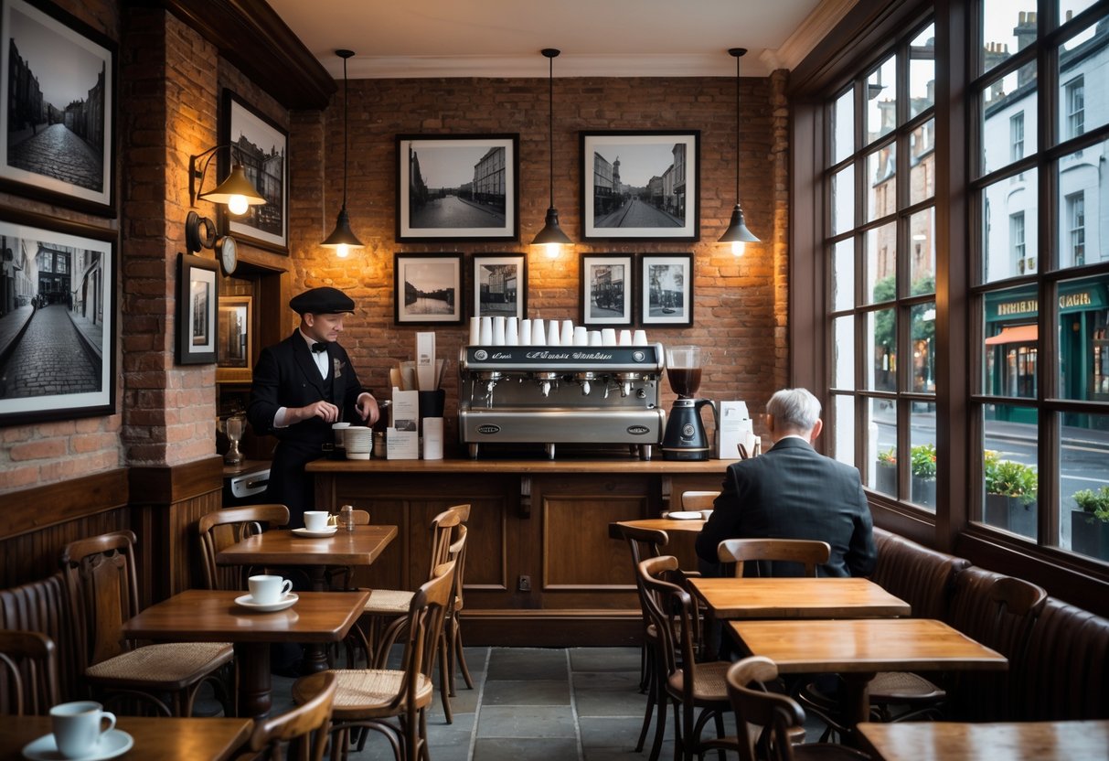 Interior of a historic caf&eacute; in Ireland with wooden tables, vintage d&eacute;cor, a barista preparing coffee, and large windows showing a cobblestone street outside.