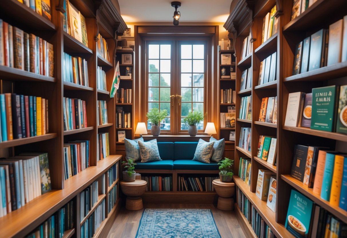 Interior of a cozy bookstore in Dublin with shelves full of colorful cookbooks and a comfortable reading area.