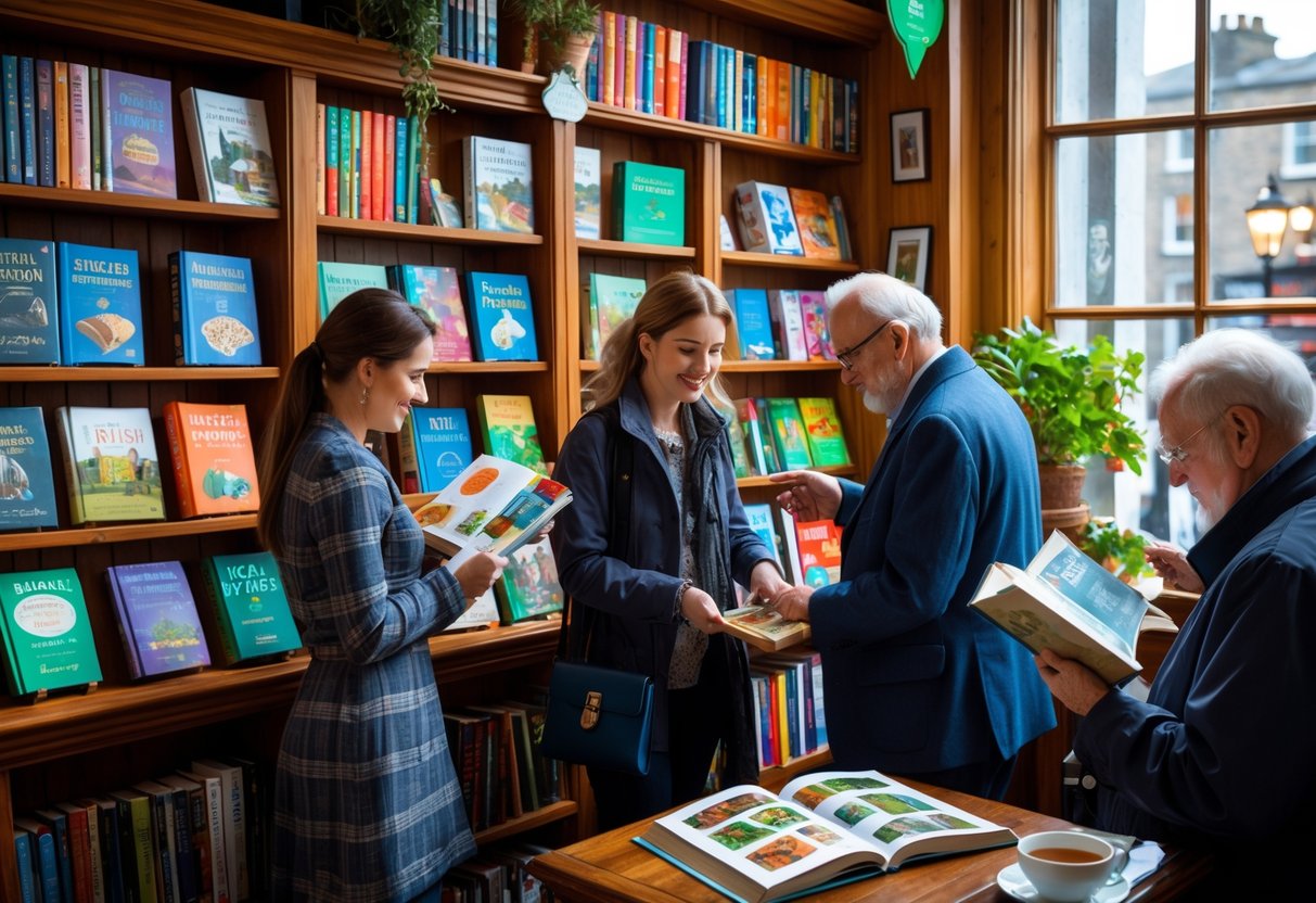 Inside a cozy Dublin bookstore with shelves of Irish cookbooks and customers browsing and interacting with a shopkeeper.