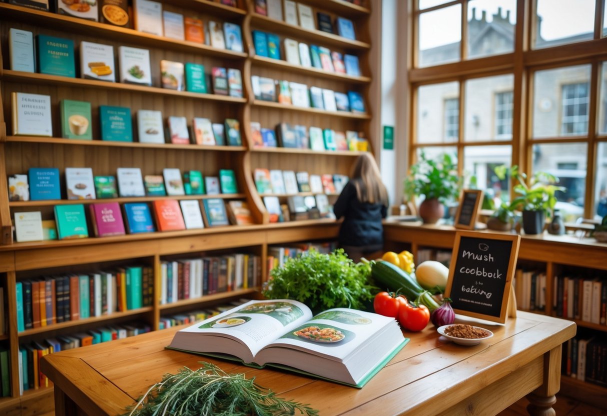 Interior of a Dublin bookstore with shelves of cookbooks and a table displaying an open cookbook alongside fresh cooking ingredients.