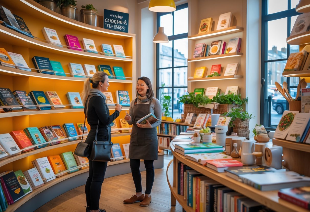 Interior of a cookbook shop with shelves of colorful cookbooks and a shop assistant helping a customer.
