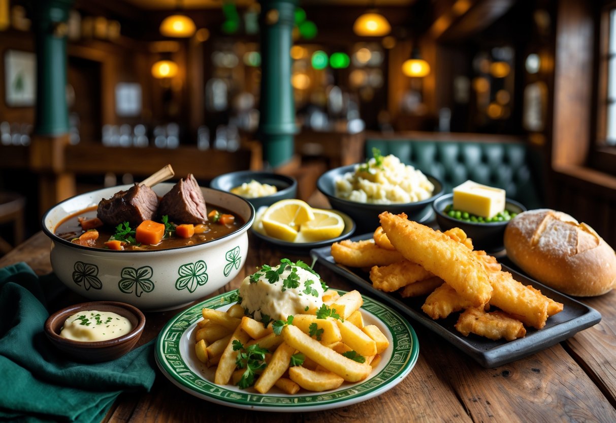 A table with traditional Irish pub dishes including Irish stew, fish and chips, soda bread, and colcannon in a cozy pub setting.